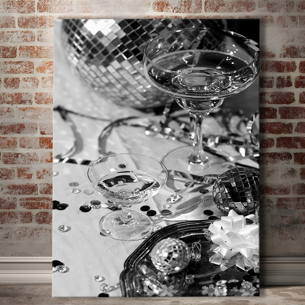 Disco Party Canvas Print Wall Art, Champagne and Mirror Balls, Black and White, Party Room Wall Decor