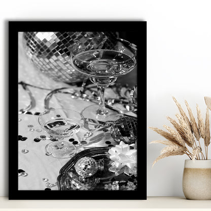 Disco Party Framed Art Print Wall Decor, Champagne and Mirror Balls, Black and White, Party Room Wall Decor