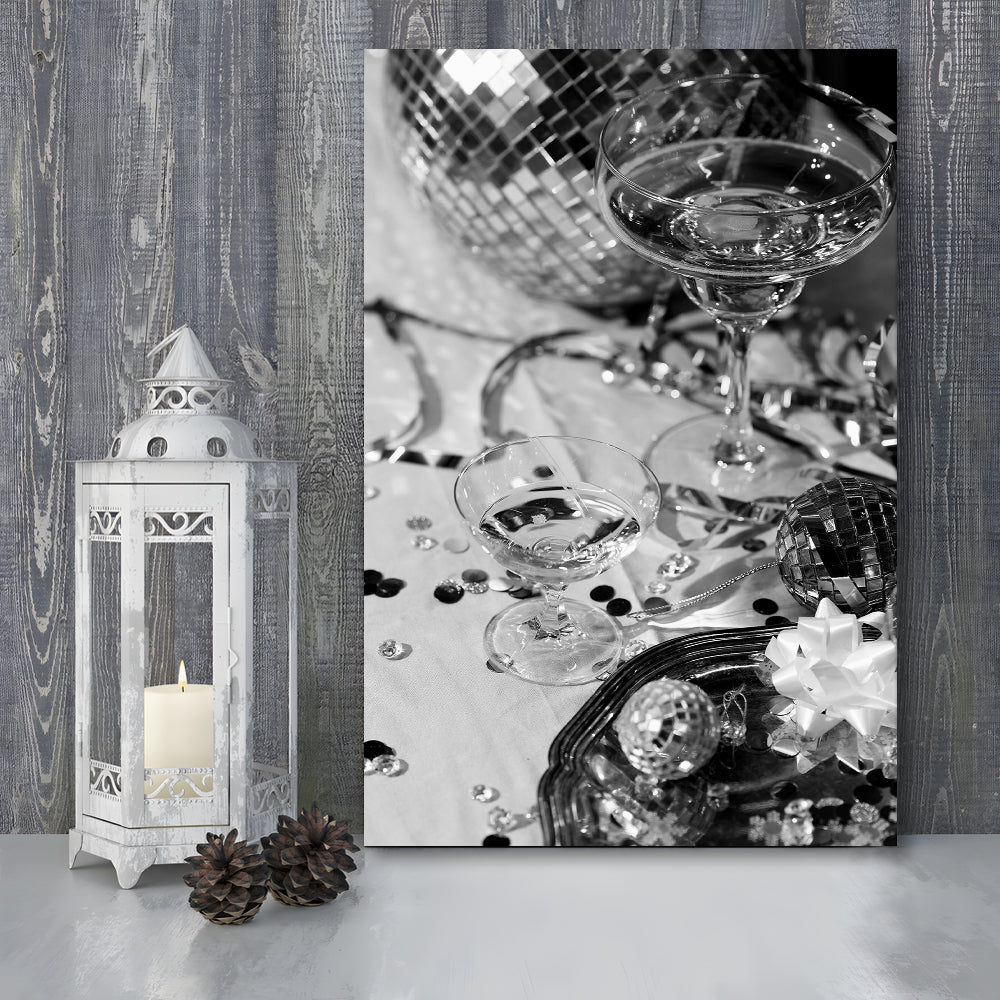 Disco Party Canvas Print Wall Art, Champagne and Mirror Balls, Black and White, Party Room Wall Decor