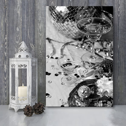 Disco Party Canvas Print Wall Art, Champagne and Mirror Balls, Black and White, Party Room Wall Decor