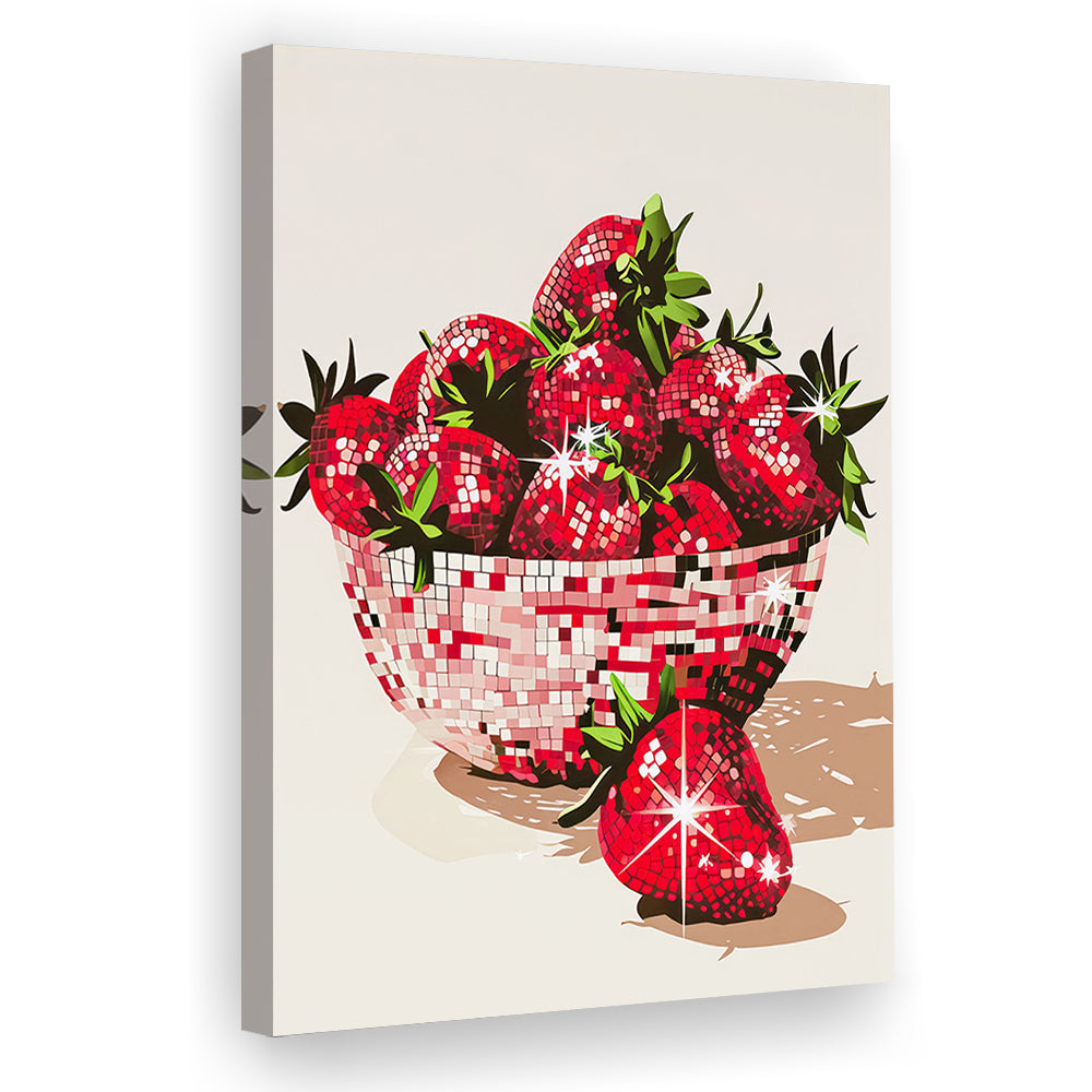 Disco Strawberries Art Print Glam Disco Ball Bowl of Red Strawberries, Canvas Print Wall Art, Wall Decor, Painting Canvas
