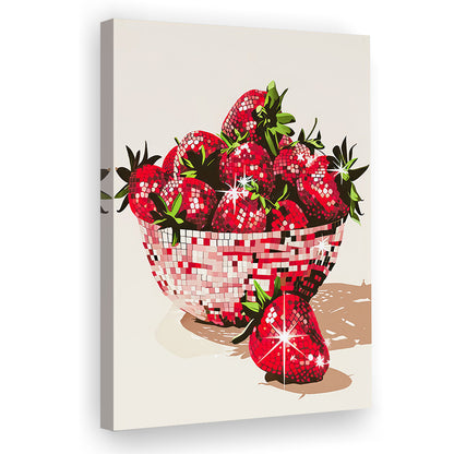 Disco Strawberries Art Print Glam Disco Ball Bowl of Red Strawberries, Canvas Print Wall Art, Wall Decor, Painting Canvas