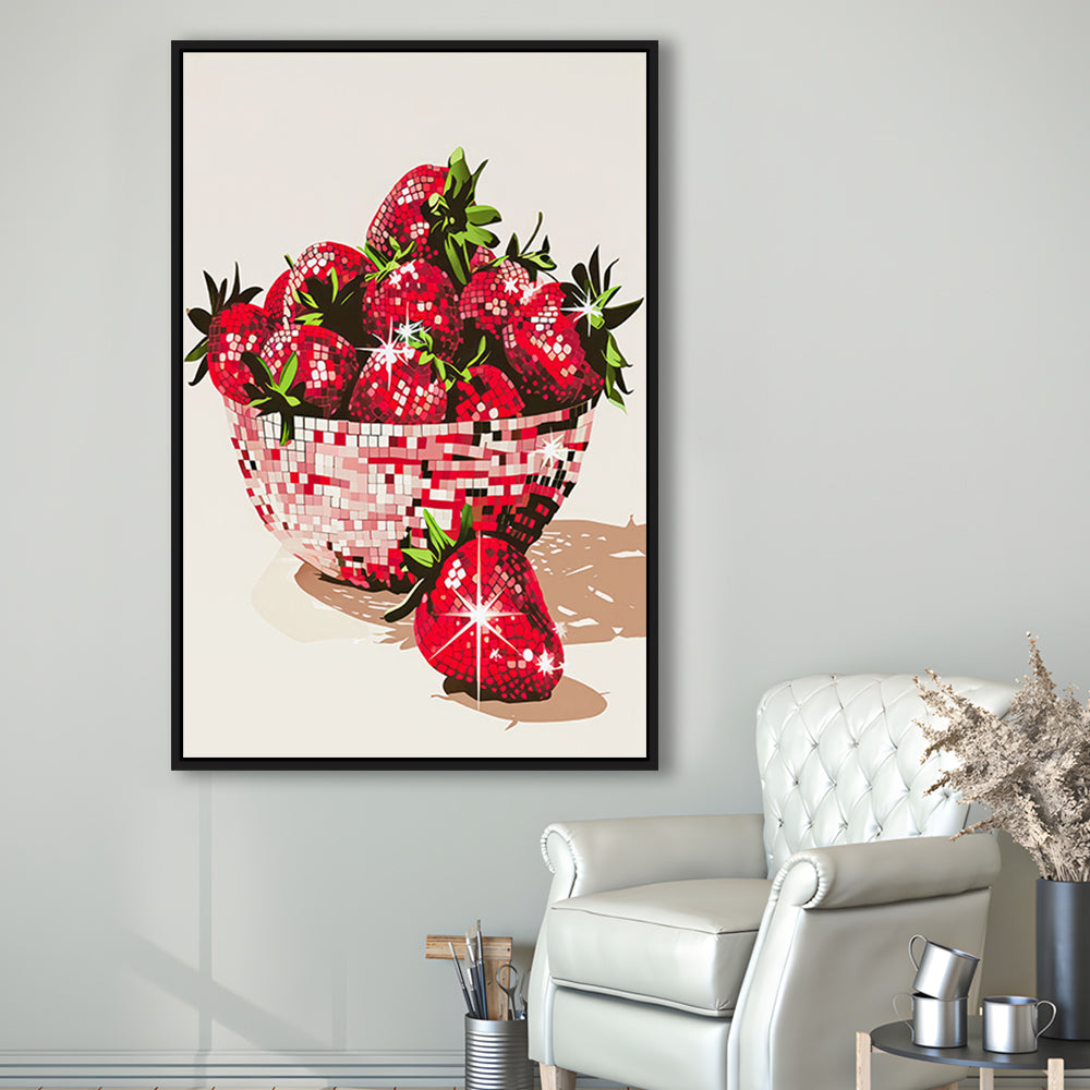 Disco Strawberries Art Print Glam Disco Ball Bowl of Red Strawberries, Framed Canvas Print Wall Art, Floating Frame