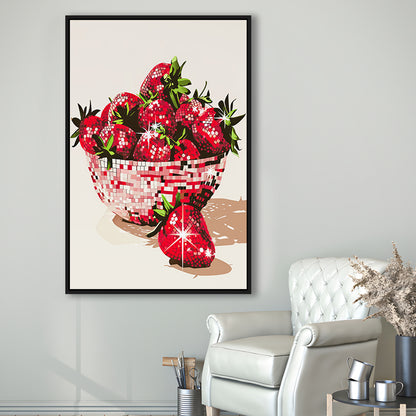 Disco Strawberries Art Print Glam Disco Ball Bowl of Red Strawberries, Framed Canvas Print Wall Art, Floating Frame