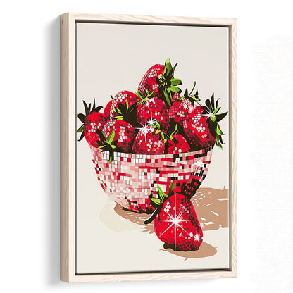 Disco Strawberries Art Print Glam Disco Ball Bowl of Red Strawberries, Framed Canvas Print Wall Art, Floating Frame