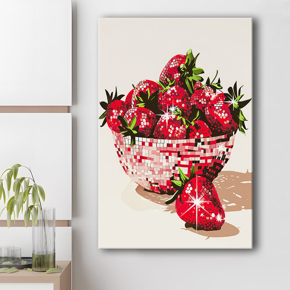 Disco Strawberries Art Print Glam Disco Ball Bowl of Red Strawberries, Canvas Print Wall Art, Wall Decor, Painting Canvas