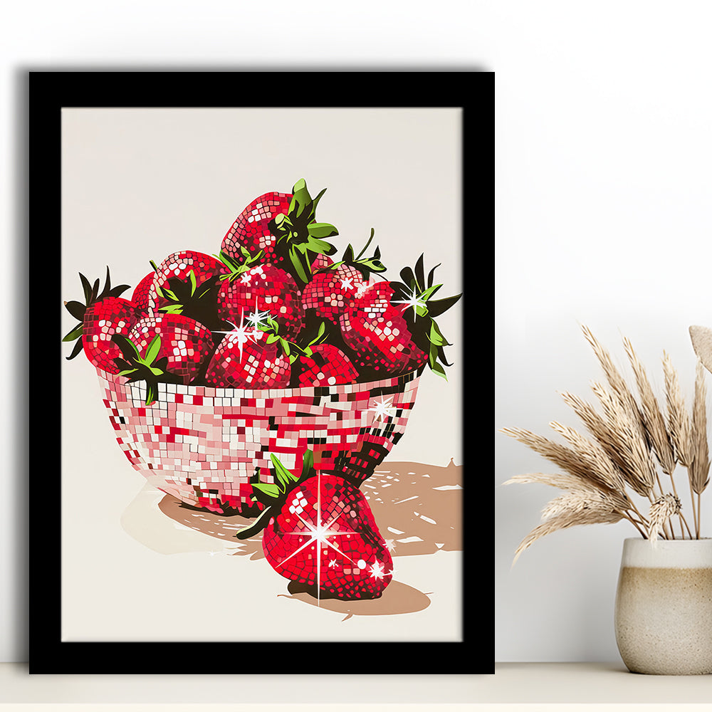 Disco Strawberries Art Print Glam Disco Ball Bowl of Red Strawberries, Framed Art Print Wall Decor, Picture Framed