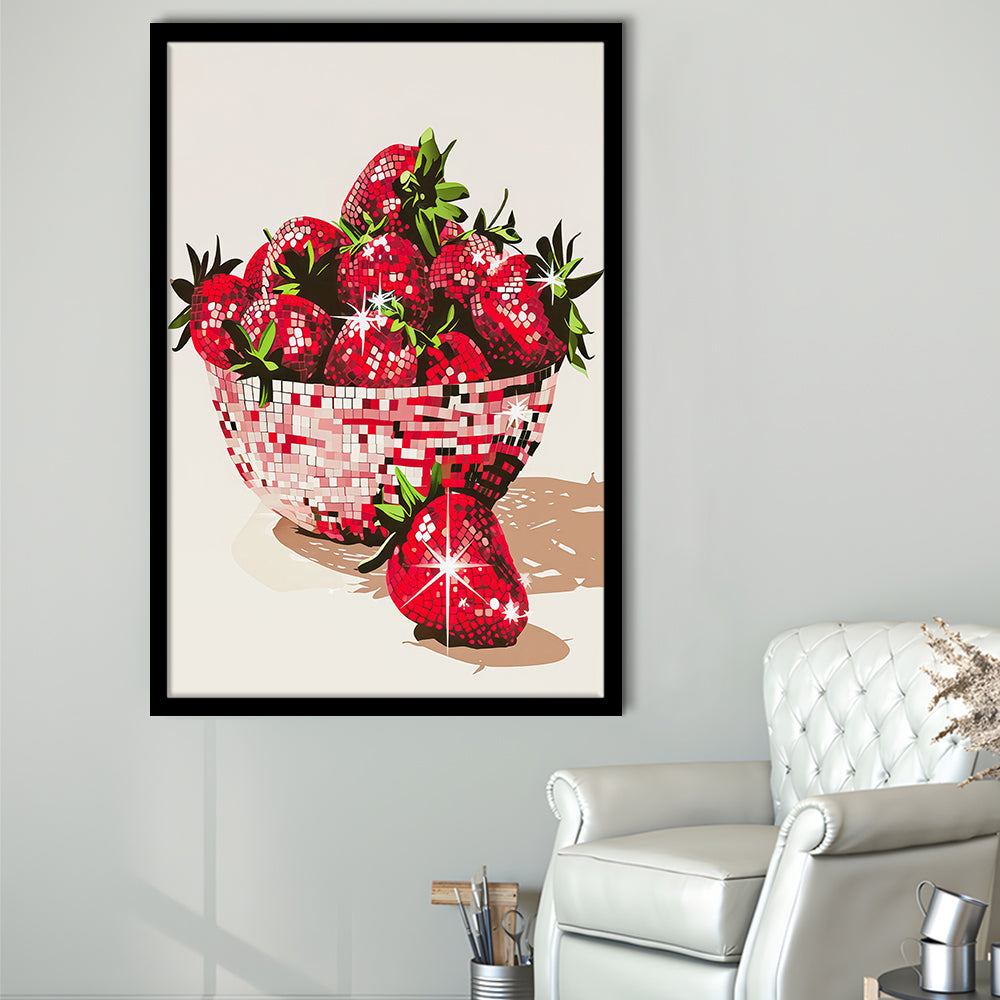 Disco Strawberries Art Print Glam Disco Ball Bowl of Red Strawberries, Framed Art Print Wall Decor, Picture Framed