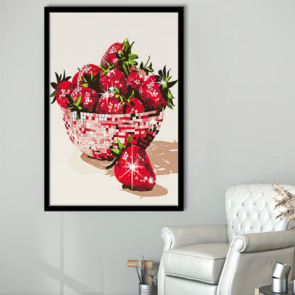 Disco Strawberries Art Print Glam Disco Ball Bowl of Red Strawberries, Framed Art Print Wall Decor, Picture Framed