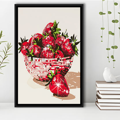 Disco Strawberries Art Print Glam Disco Ball Bowl of Red Strawberries, Framed Canvas Print Wall Art, Floating Frame