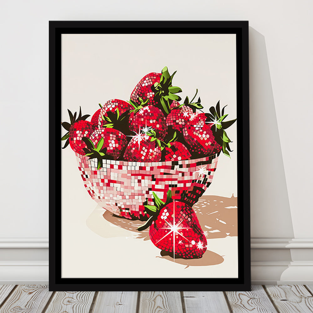 Disco Strawberries Art Print Glam Disco Ball Bowl of Red Strawberries, Framed Canvas Print Wall Art, Floating Frame