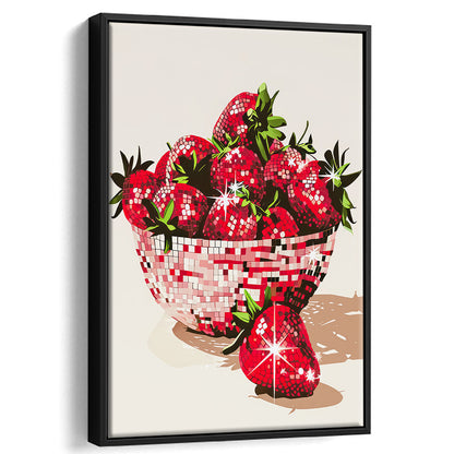 Disco Strawberries Art Print Glam Disco Ball Bowl of Red Strawberries, Framed Canvas Print Wall Art, Floating Frame
