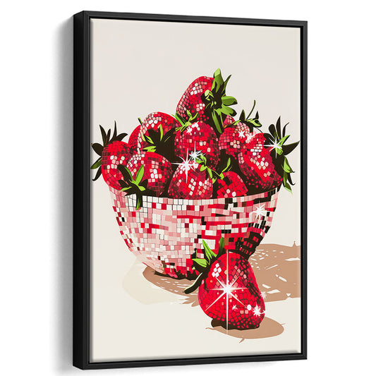 Disco Strawberries Art Print Glam Disco Ball Bowl of Red Strawberries, Framed Canvas Print Wall Art, Floating Frame