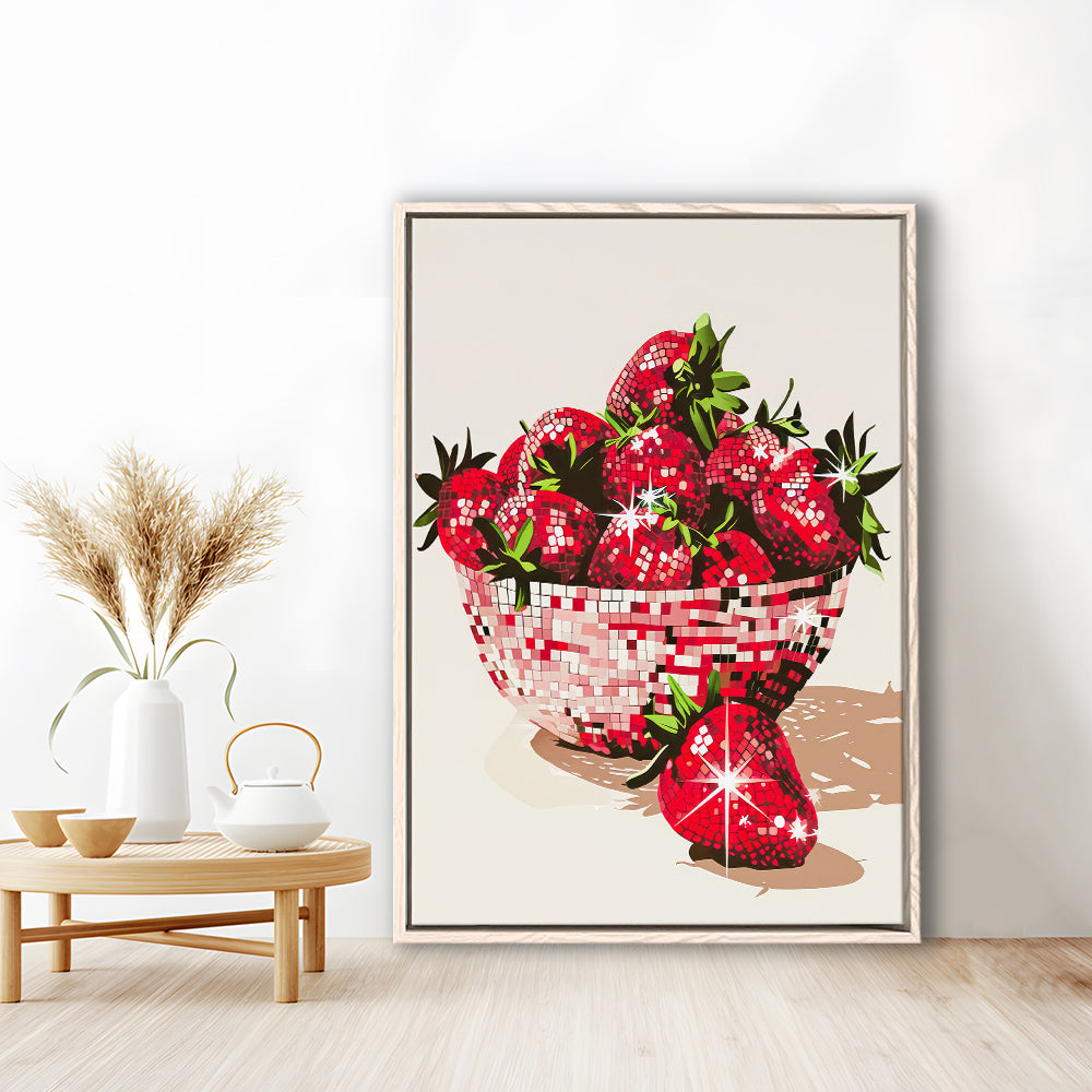 Disco Strawberries Art Print Glam Disco Ball Bowl of Red Strawberries, Framed Canvas Print Wall Art, Floating Frame