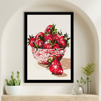 Disco Strawberries Art Print Glam Disco Ball Bowl of Red Strawberries, Framed Art Print Wall Decor, Picture Framed
