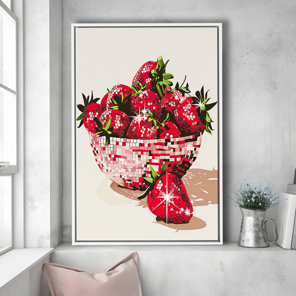 Disco Strawberries Art Print Glam Disco Ball Bowl of Red Strawberries, Framed Canvas Print Wall Art, Floating Frame
