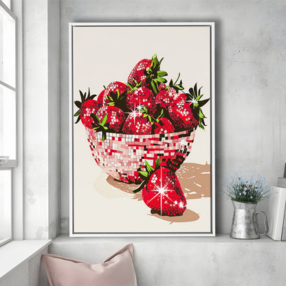 Disco Strawberries Art Print Glam Disco Ball Bowl of Red Strawberries, Framed Canvas Print Wall Art, Floating Frame