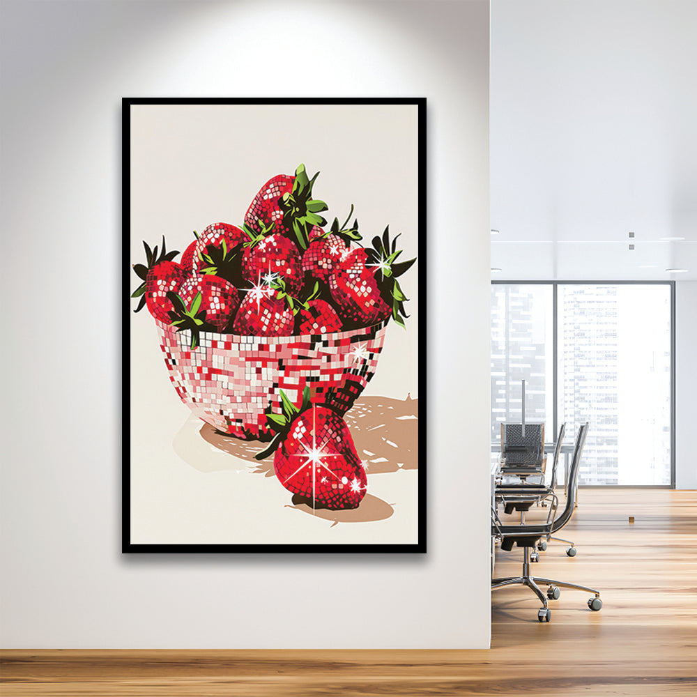 Disco Strawberries Art Print Glam Disco Ball Bowl of Red Strawberries, Framed Art Print Wall Decor, Picture Framed