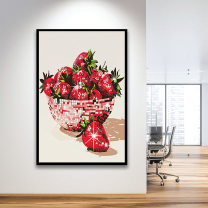 Disco Strawberries Art Print Glam Disco Ball Bowl of Red Strawberries, Framed Art Print Wall Decor, Picture Framed