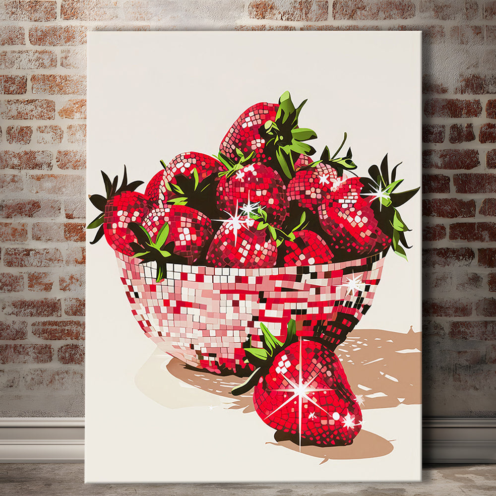 Disco Strawberries Art Print Glam Disco Ball Bowl of Red Strawberries, Canvas Print Wall Art, Wall Decor, Painting Canvas