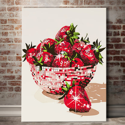 Disco Strawberries Art Print Glam Disco Ball Bowl of Red Strawberries, Canvas Print Wall Art, Wall Decor, Painting Canvas