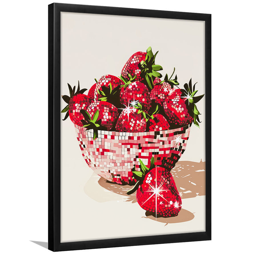 Disco Strawberries Art Print Glam Disco Ball Bowl of Red Strawberries, Framed Art Print Wall Decor, Picture Framed