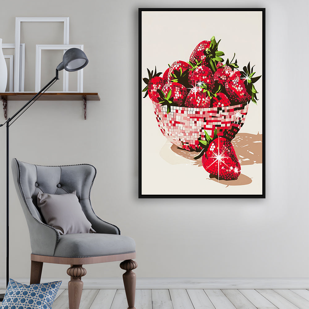 Disco Strawberries Art Print Glam Disco Ball Bowl of Red Strawberries, Framed Canvas Print Wall Art, Floating Frame