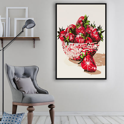 Disco Strawberries Art Print Glam Disco Ball Bowl of Red Strawberries, Framed Canvas Print Wall Art, Floating Frame