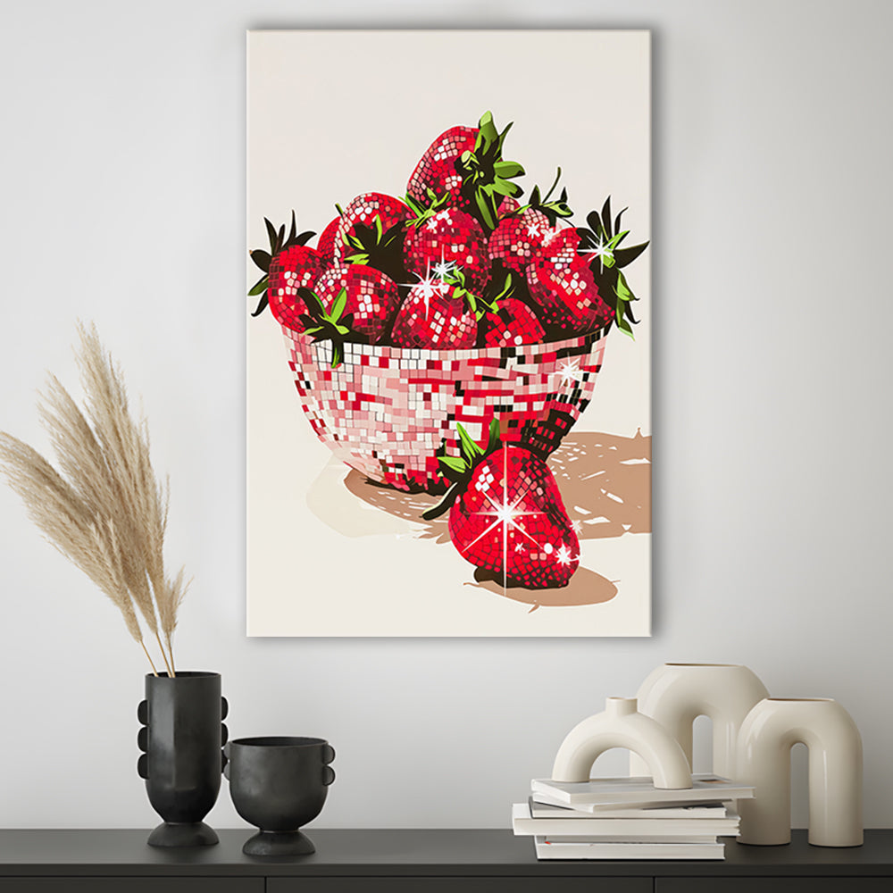 Disco Strawberries Art Print Glam Disco Ball Bowl of Red Strawberries, Canvas Print Wall Art, Wall Decor, Painting Canvas