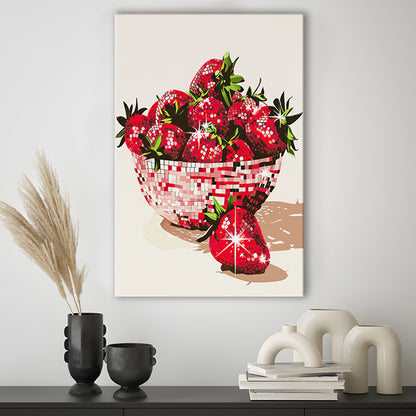 Disco Strawberries Art Print Glam Disco Ball Bowl of Red Strawberries, Canvas Print Wall Art, Wall Decor, Painting Canvas