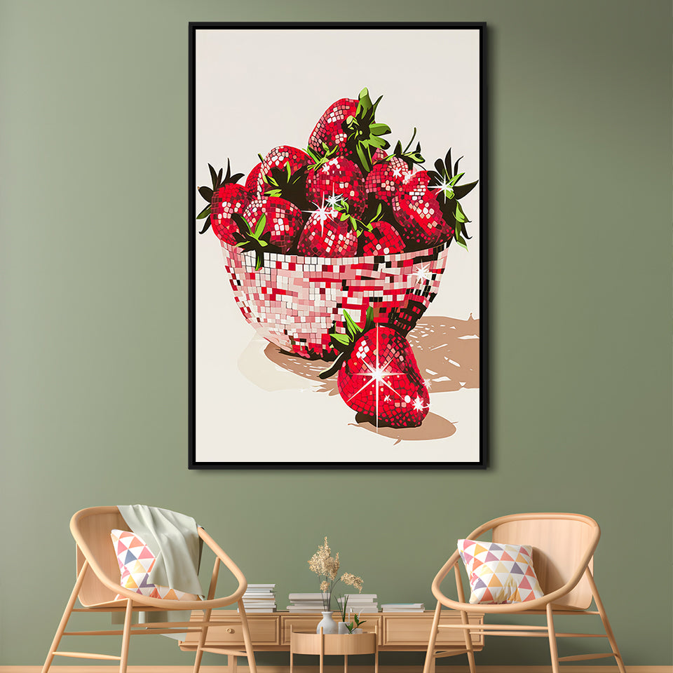 Disco Strawberries Art Print Glam Disco Ball Bowl of Red Strawberries, Framed Canvas Print Wall Art, Floating Frame