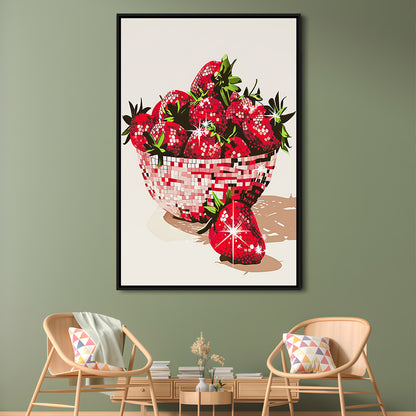 Disco Strawberries Art Print Glam Disco Ball Bowl of Red Strawberries, Framed Canvas Print Wall Art, Floating Frame