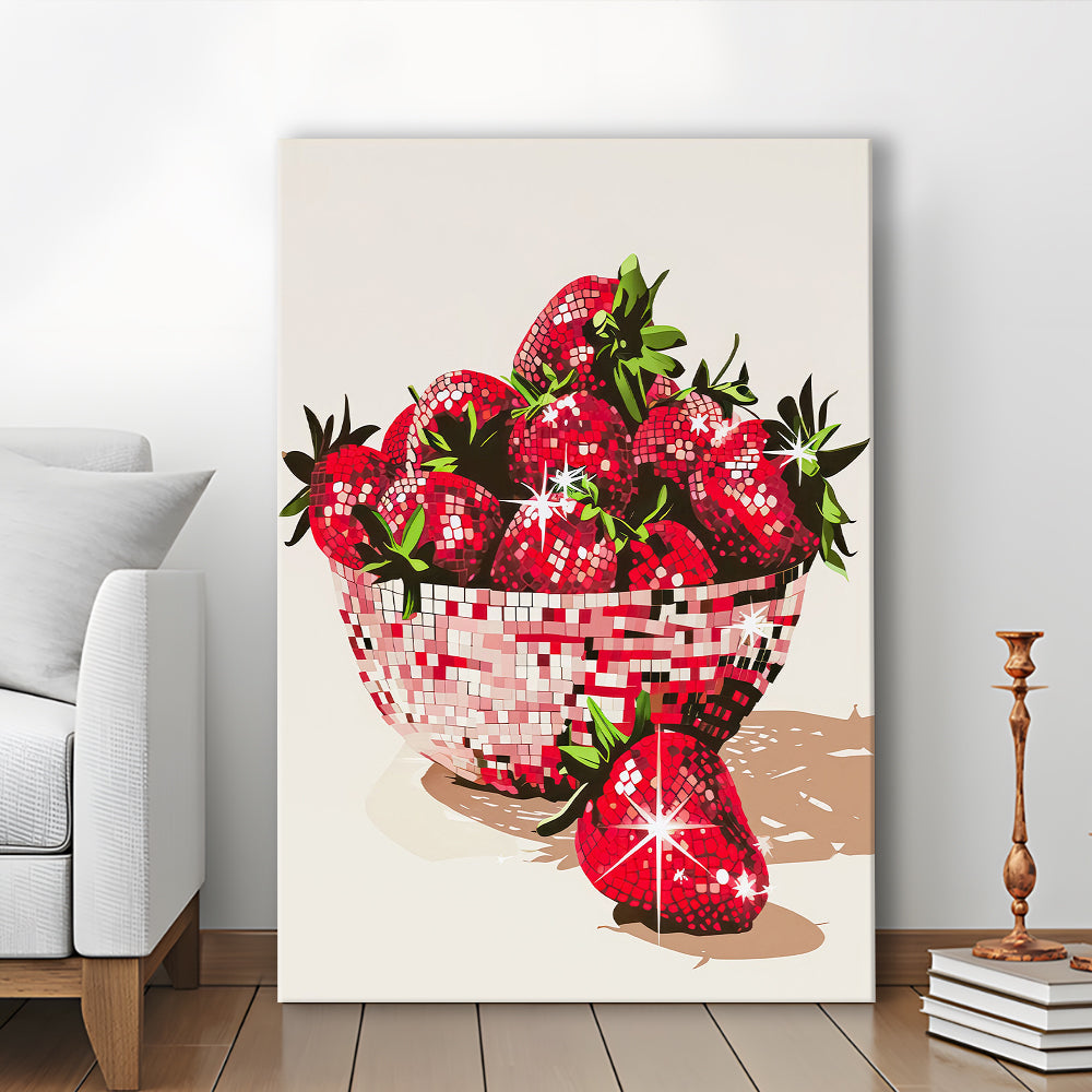 Disco Strawberries Art Print Glam Disco Ball Bowl of Red Strawberries, Canvas Print Wall Art, Wall Decor, Painting Canvas
