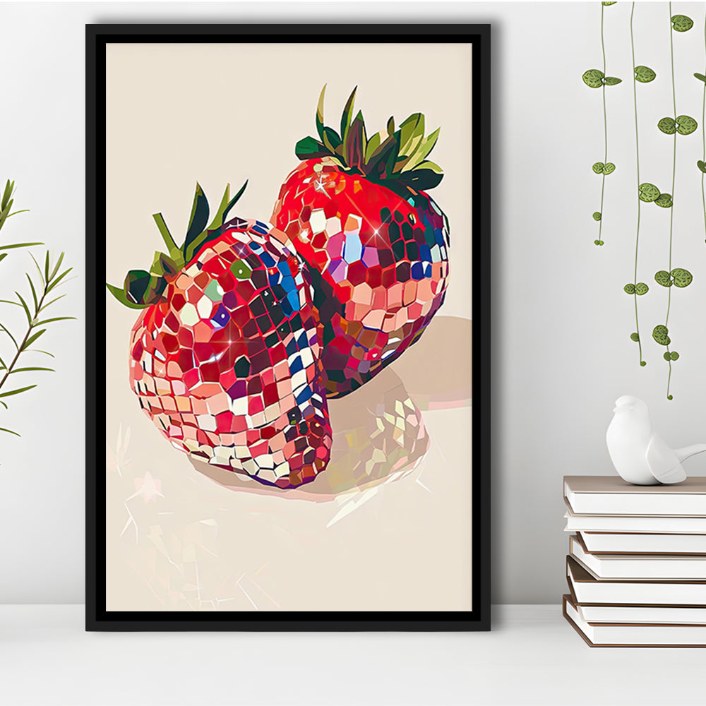 Disco Strawberries Art Print ,Glam Disco Ball Red Strawberries Dorm Room, Framed Canvas Print Wall Art, Floating Frame