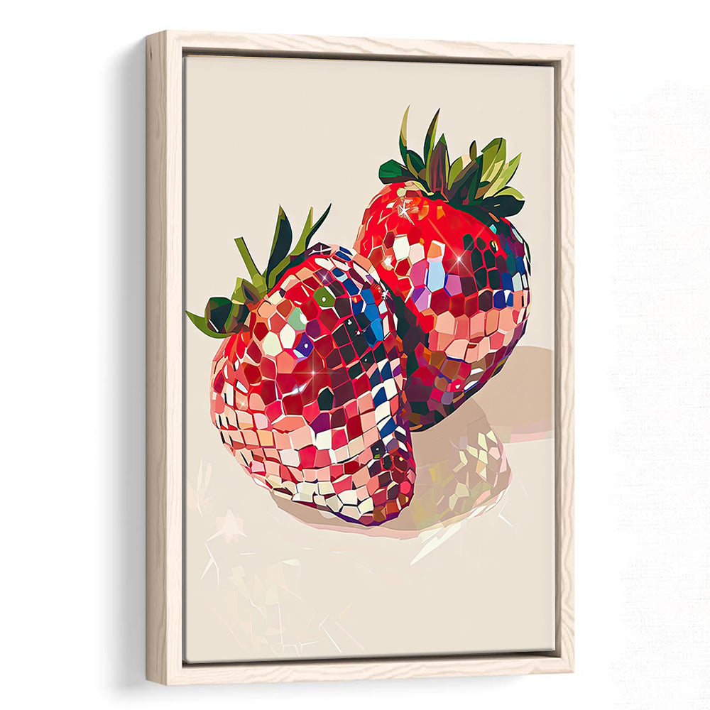 Disco Strawberries Art Print ,Glam Disco Ball Red Strawberries Dorm Room, Framed Canvas Print Wall Art, Floating Frame