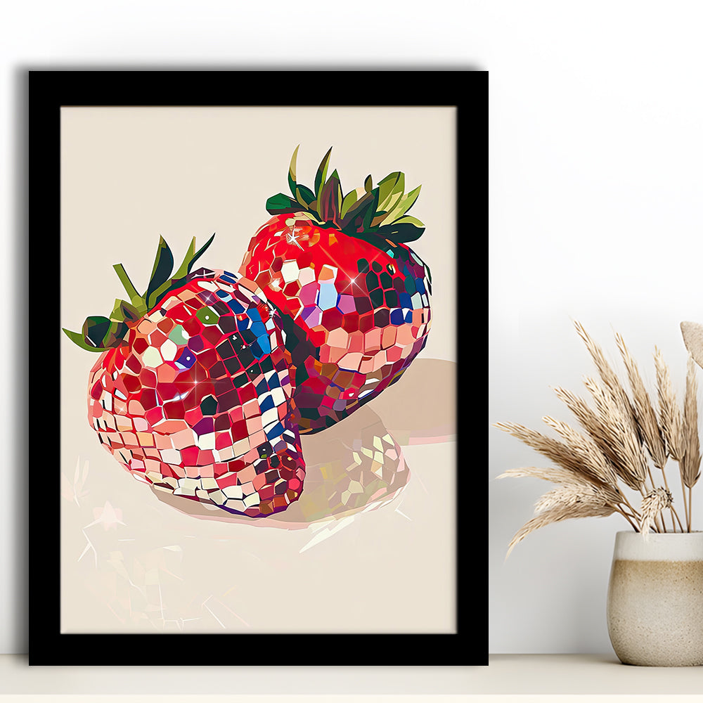 Disco Strawberries Art Print ,Glam Disco Ball Red Strawberries Dorm Room, Framed Art Print Wall Decor, Picture Framed