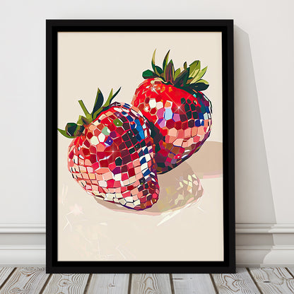 Disco Strawberries Art Print ,Glam Disco Ball Red Strawberries Dorm Room, Framed Canvas Print Wall Art, Floating Frame