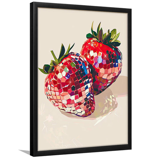 Disco Strawberries Art Print ,Glam Disco Ball Red Strawberries Dorm Room, Framed Art Print Wall Decor, Picture Framed