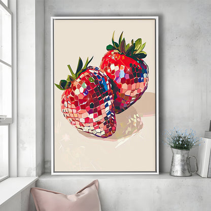 Disco Strawberries Art Print ,Glam Disco Ball Red Strawberries Dorm Room, Framed Canvas Print Wall Art, Floating Frame