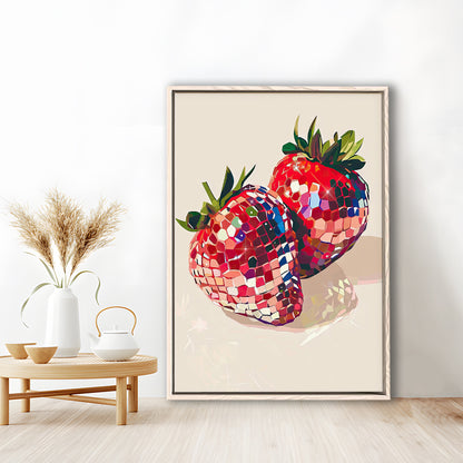 Disco Strawberries Art Print ,Glam Disco Ball Red Strawberries Dorm Room, Framed Canvas Print Wall Art, Floating Frame