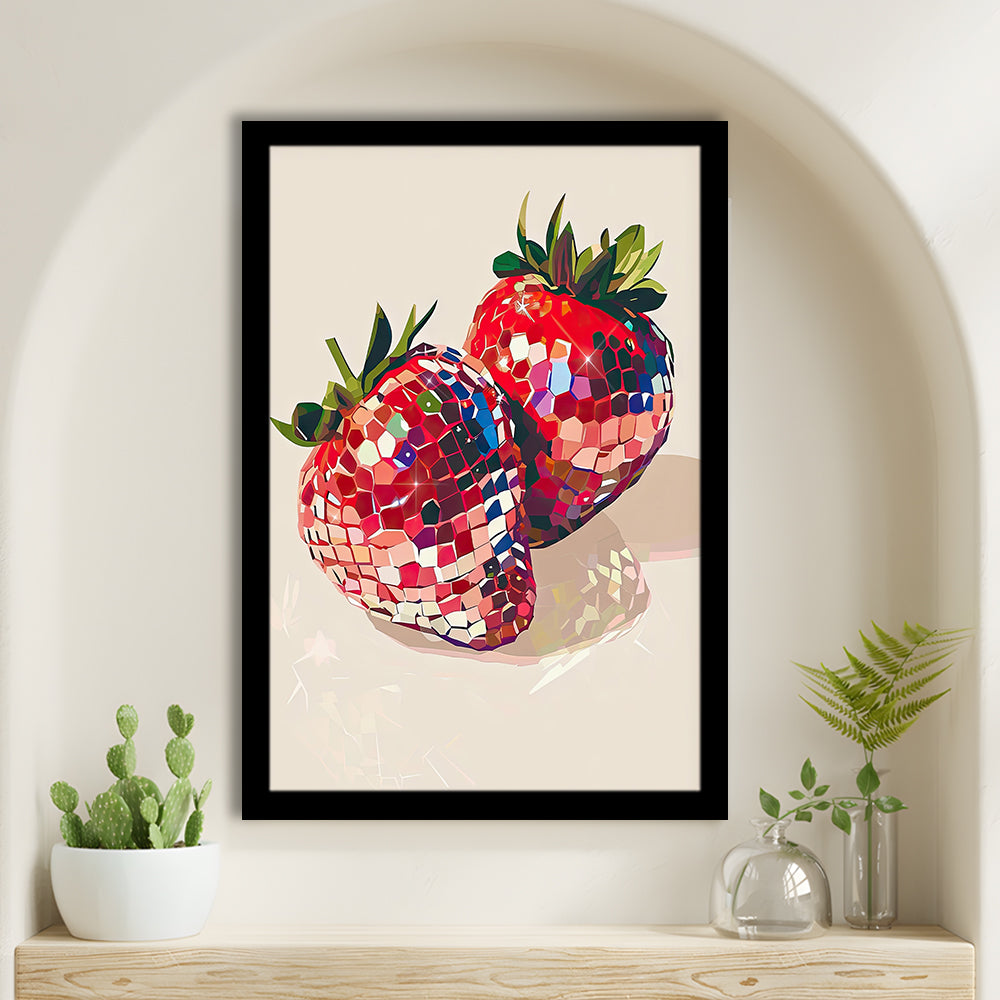 Disco Strawberries Art Print ,Glam Disco Ball Red Strawberries Dorm Room, Framed Art Print Wall Decor, Picture Framed