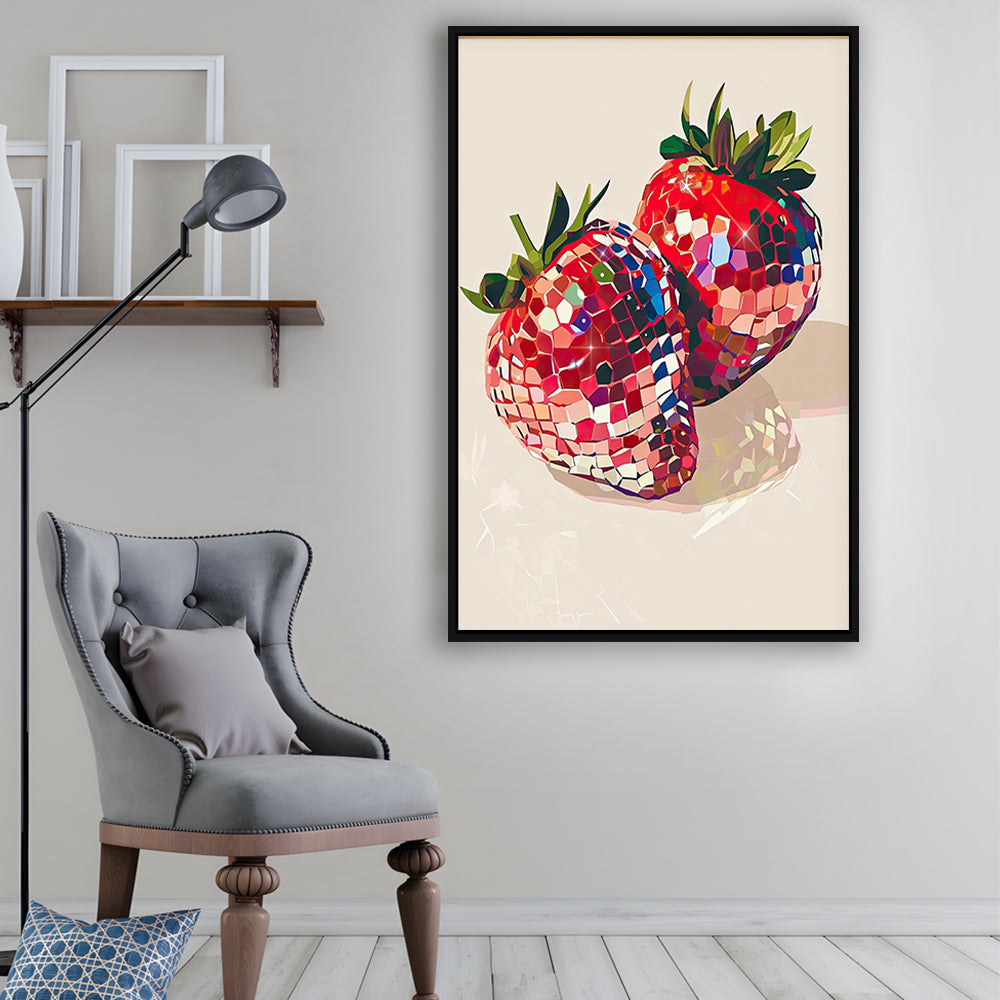 Disco Strawberries Art Print ,Glam Disco Ball Red Strawberries Dorm Room, Framed Canvas Print Wall Art, Floating Frame