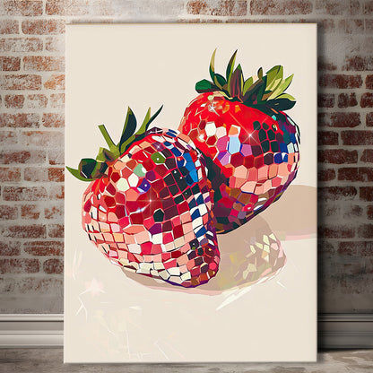 Disco Strawberries Art Print ,Glam Disco Ball Red Strawberries Dorm Room, Canvas Print Wall Art, Wall Decor, Painting Canvas