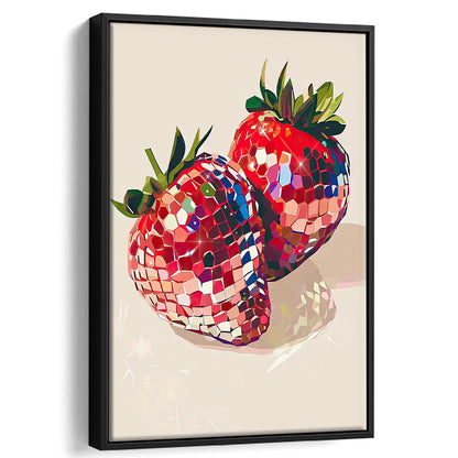 Disco Strawberries Art Print ,Glam Disco Ball Red Strawberries Dorm Room, Framed Canvas Print Wall Art, Floating Frame