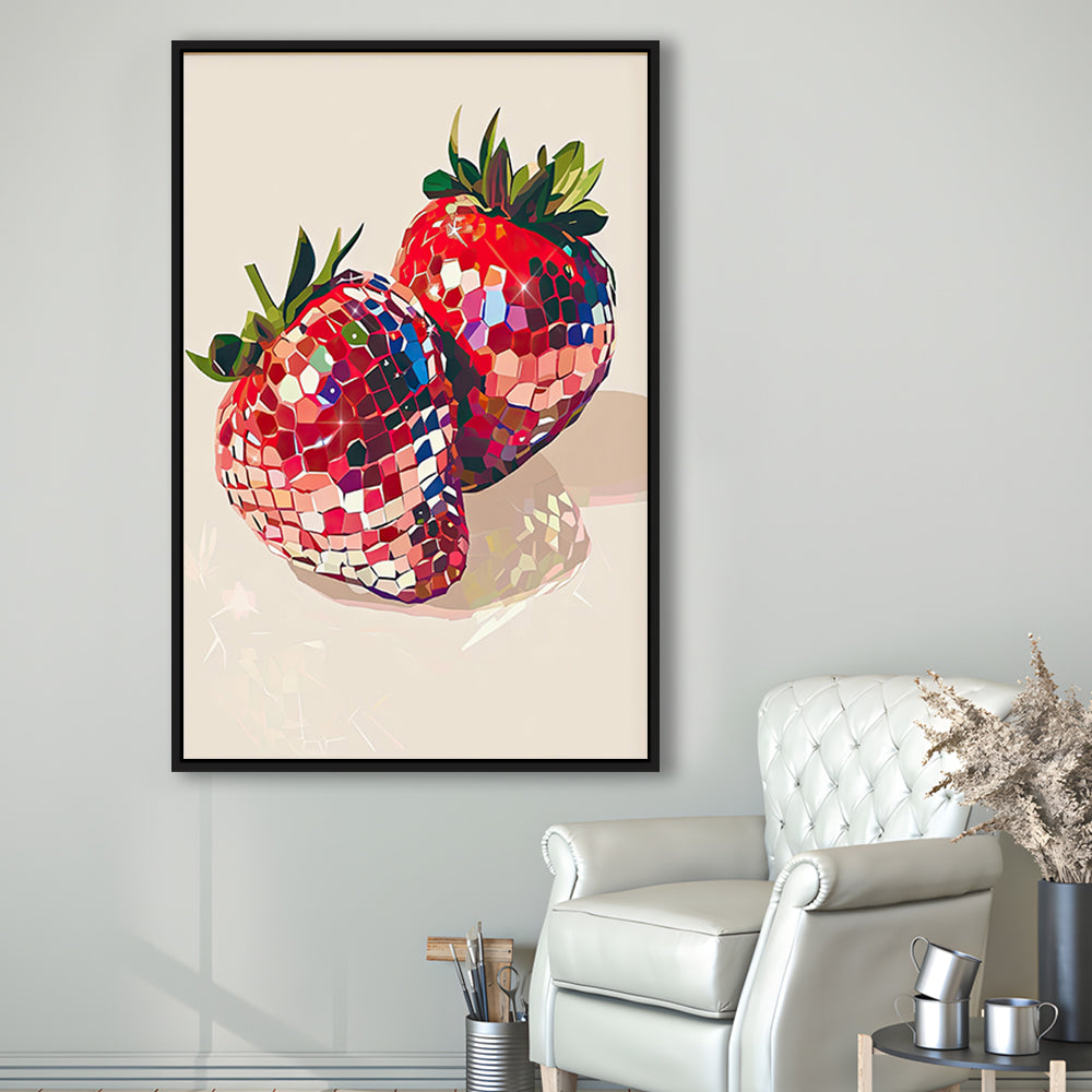 Disco Strawberries Art Print ,Glam Disco Ball Red Strawberries Dorm Room, Framed Canvas Print Wall Art, Floating Frame