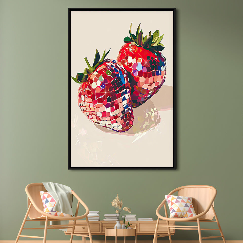 Disco Strawberries Art Print ,Glam Disco Ball Red Strawberries Dorm Room, Framed Canvas Print Wall Art, Floating Frame