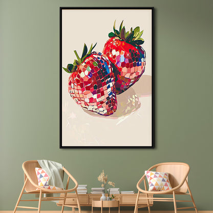 Disco Strawberries Art Print ,Glam Disco Ball Red Strawberries Dorm Room, Framed Canvas Print Wall Art, Floating Frame