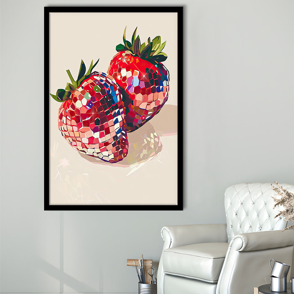 Disco Strawberries Art Print ,Glam Disco Ball Red Strawberries Dorm Room, Framed Art Print Wall Decor, Picture Framed