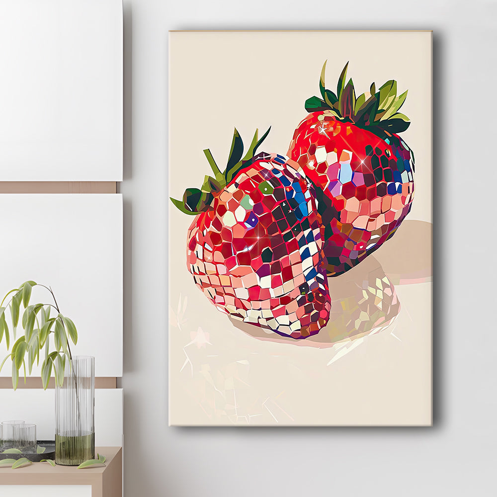 Disco Strawberries Art Print ,Glam Disco Ball Red Strawberries Dorm Room, Canvas Print Wall Art, Wall Decor, Painting Canvas