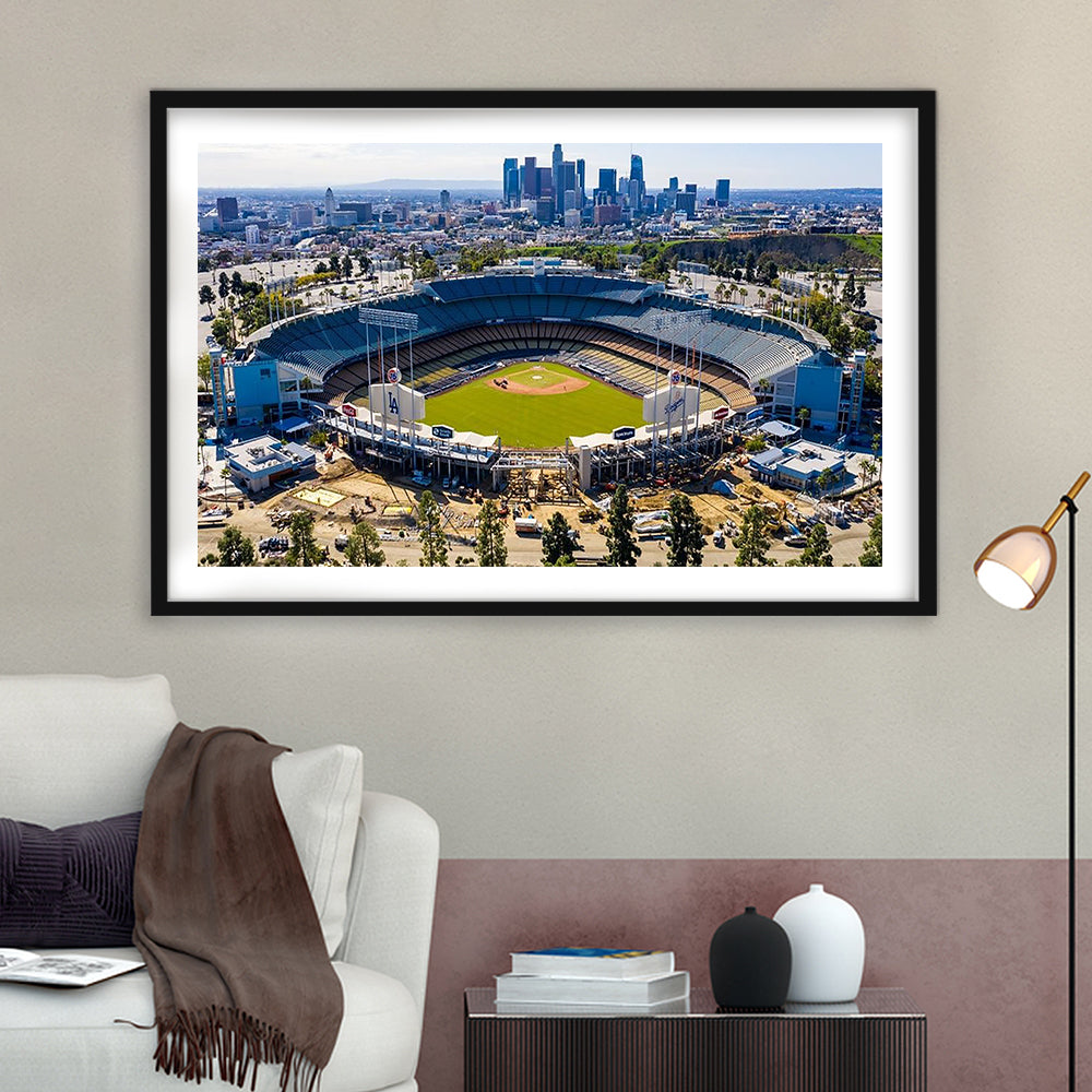 Dodger Stadium Aerial View, Stadium Canvas, Sport Art, Gift for him, White Border Framed Art Print Wall Decor